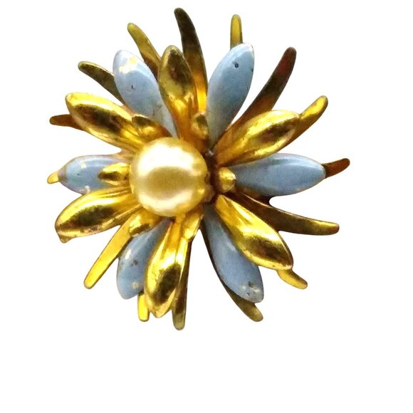 Dimensional Flower Brooch, Blue Enamel and Shiny Gold Tone Petals Pin with Pearl - Picture 3 of 4